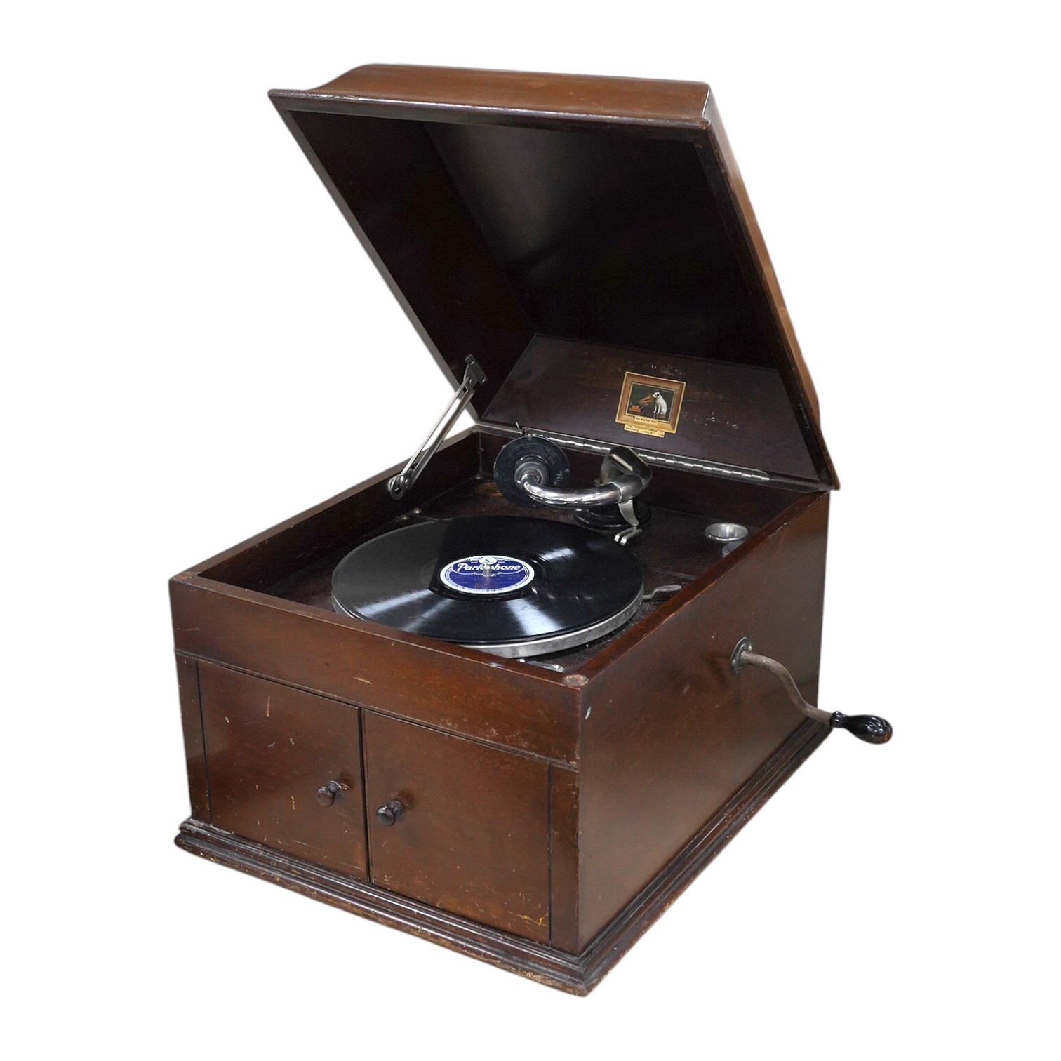 A mahogany cased HMV table top gramophone record player and a small selection of 78 rpm records. Condition - fair to good.